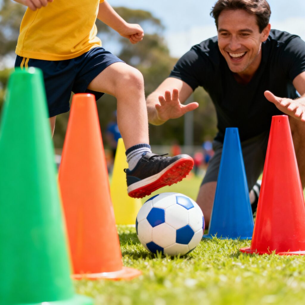 Coach watching a toddler dribble ball through cones at Mini Footy Somerset