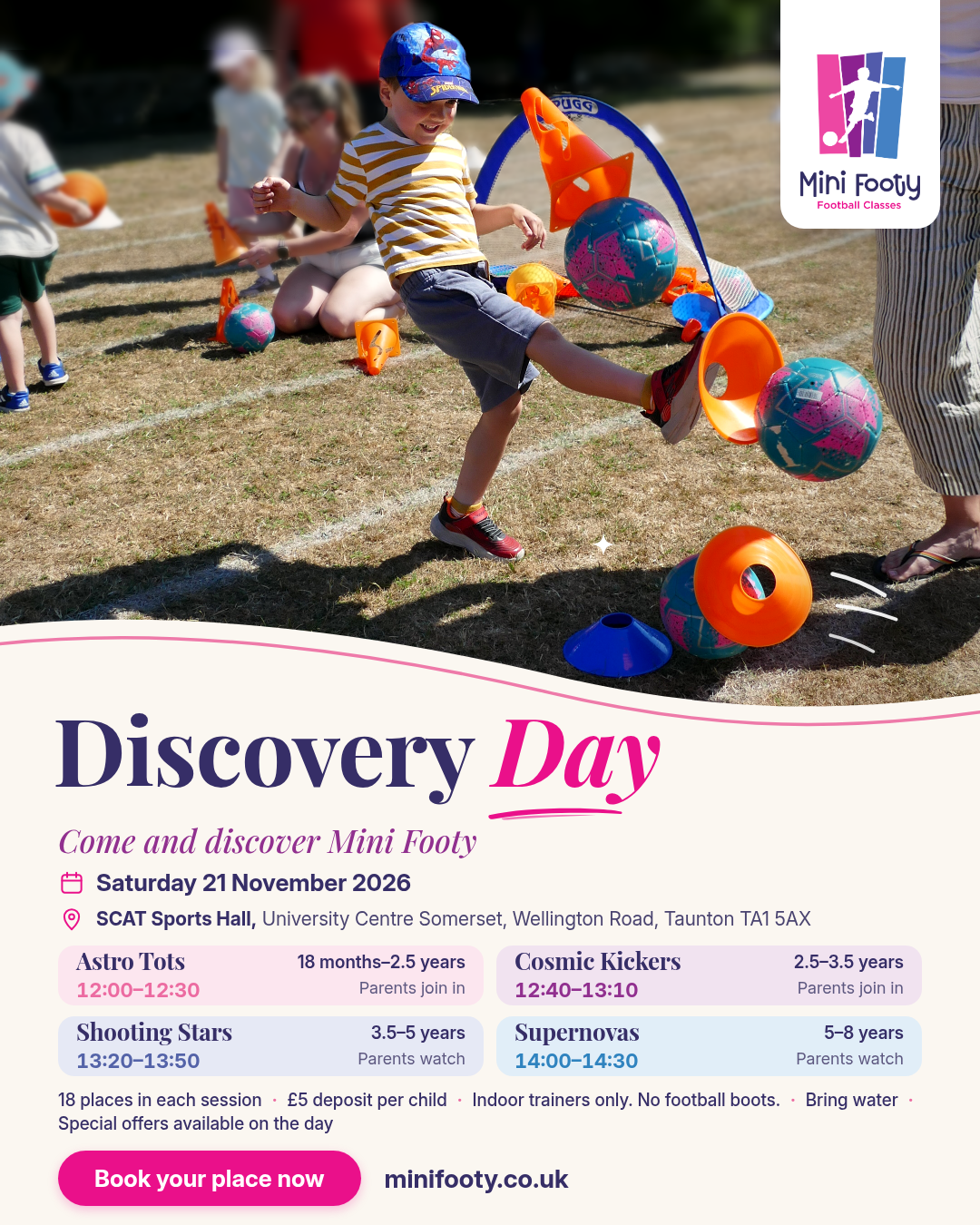 Genuine Mini Footy photograph of a young footballer kicking through colourful cones, with Discovery Day session details